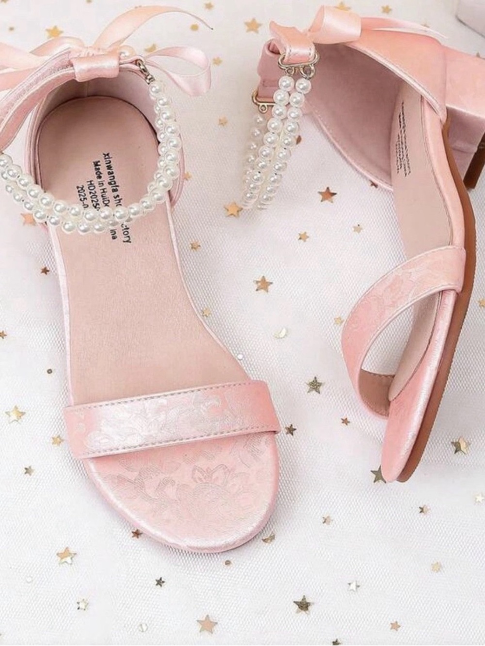 Pearl-Ankle Strap Pink Satin Women's Sandals